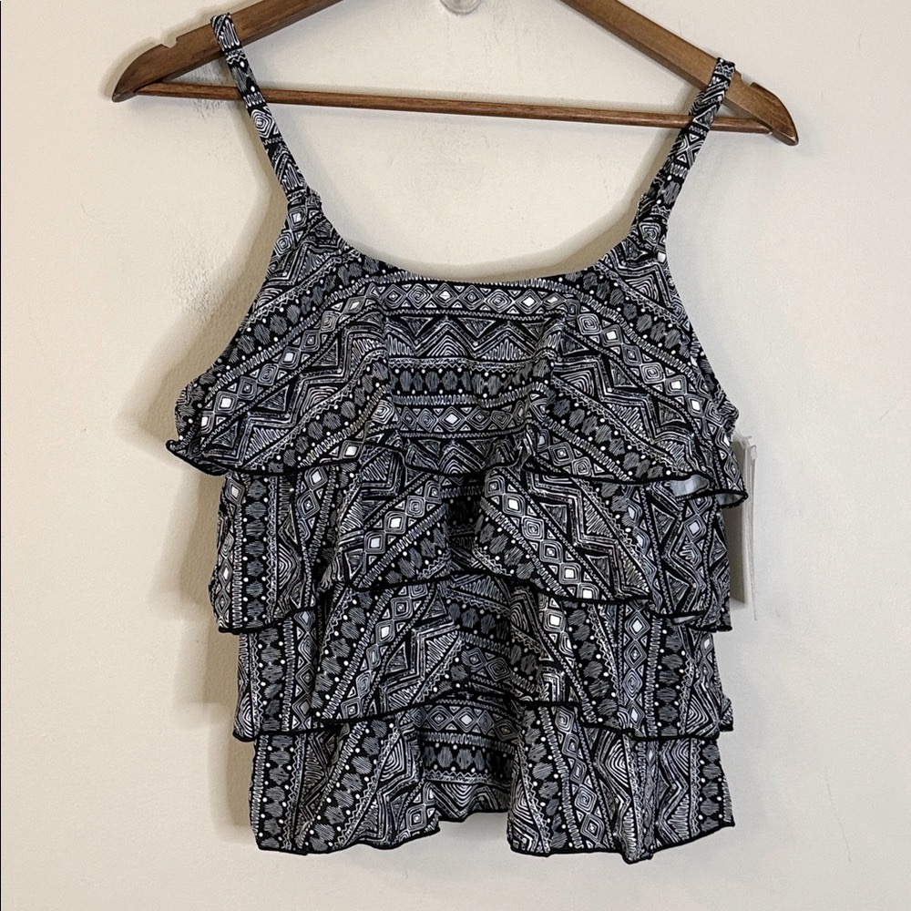 Your Best Look cropped tiered tank bikini top black & white built in bra SZ 12